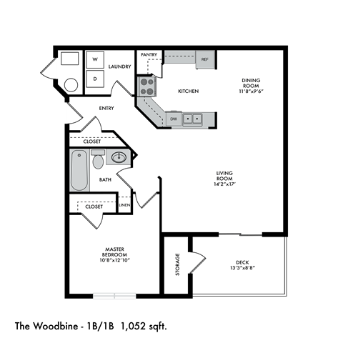 Floor plan for 1 bed, 1 bath, 1052 sqft